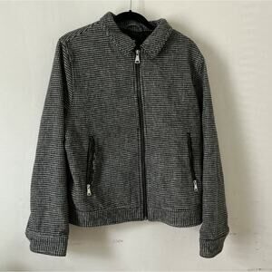Women's L H&M Black White Wool Blend Houndstooth Tweed Jacket Zip-Up Bomber Coat
